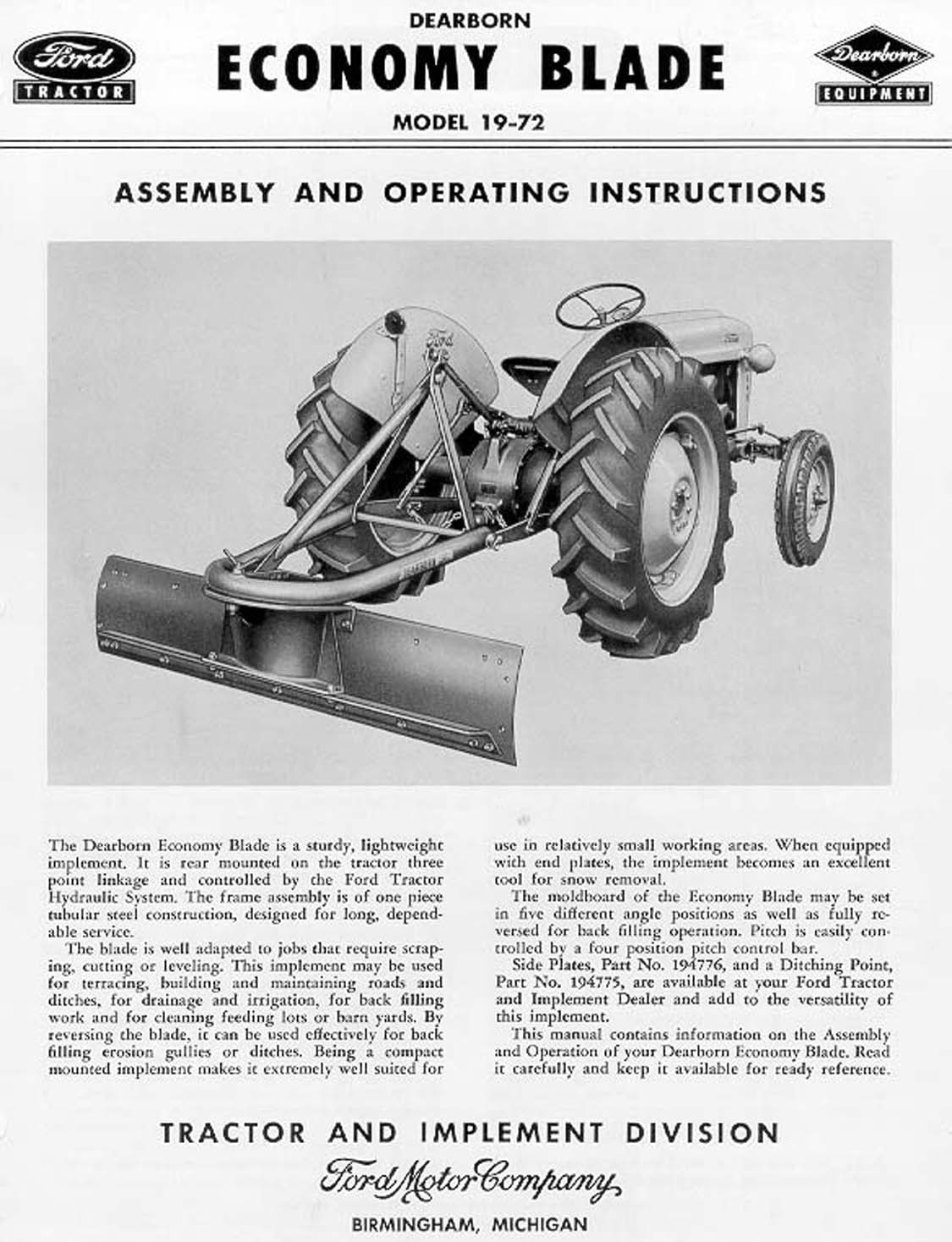 Ford Dearborn Economy Blade Assembly Operators manual 